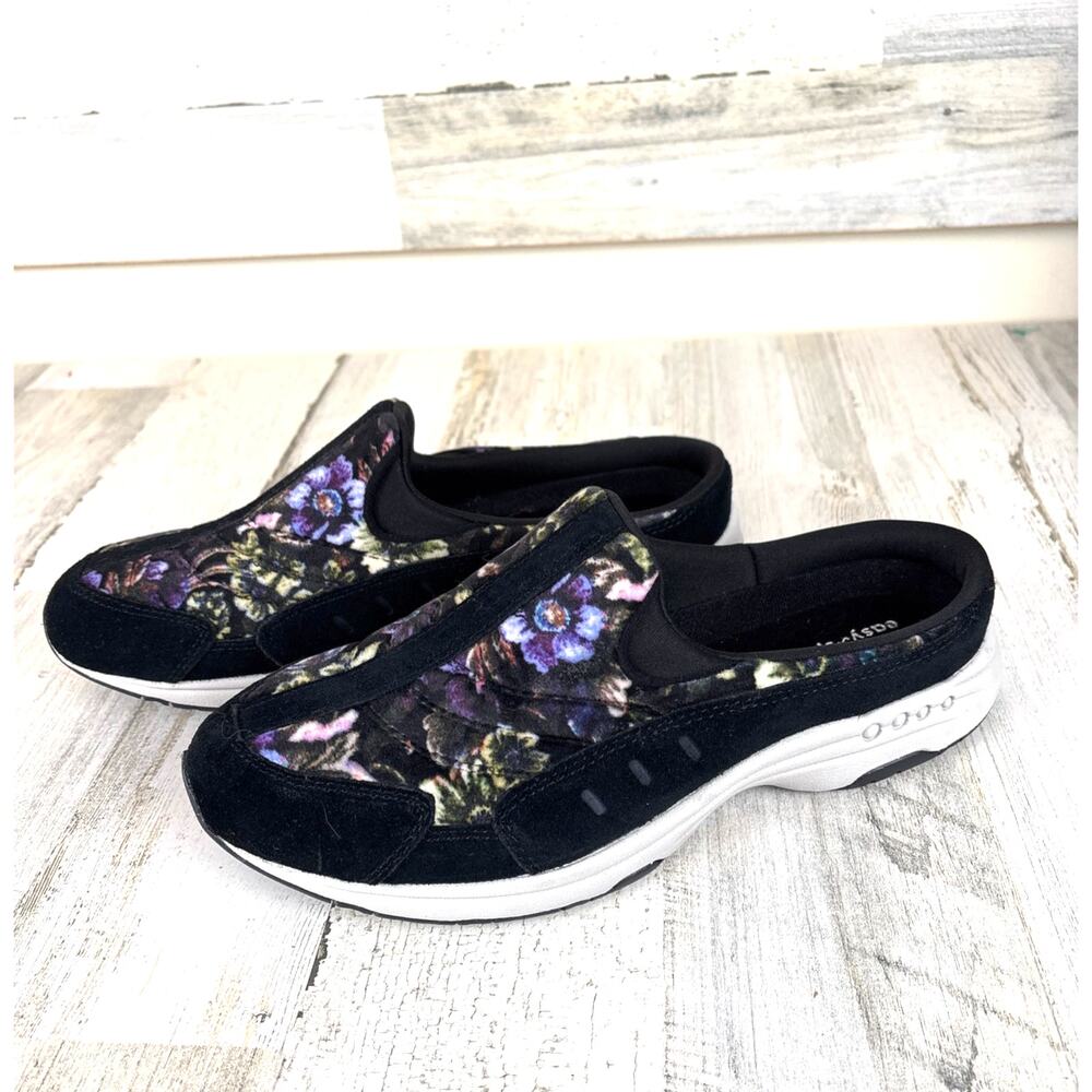 Easy Spirit Womens 10 Black Purple Floral Travel Time Slip On Sneakers NEW